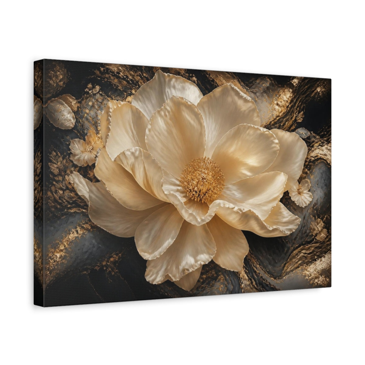 Side Mockup 4. Golden Cream Flower shown as canvas print