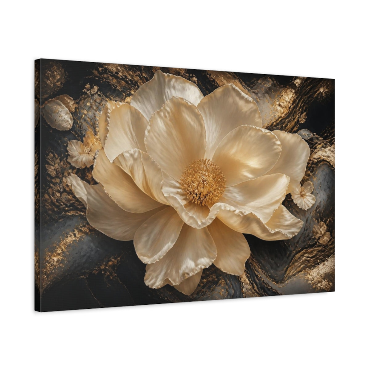 Side Mockup 2. Golden Cream Flower shown as canvas print