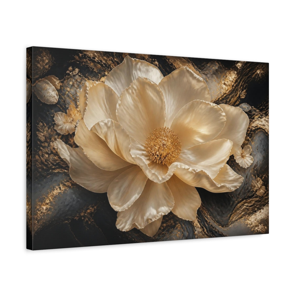 Side Mockup 3. Golden Cream Flower shown as canvas print