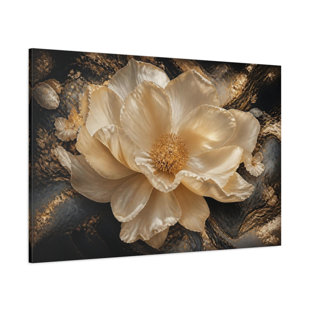 Side Mockup 1. Golden Cream Flower shown as canvas print