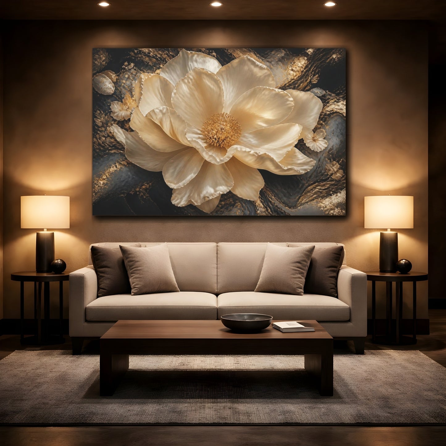 Mockup 2. Golden Cream Flower shown as canvas print