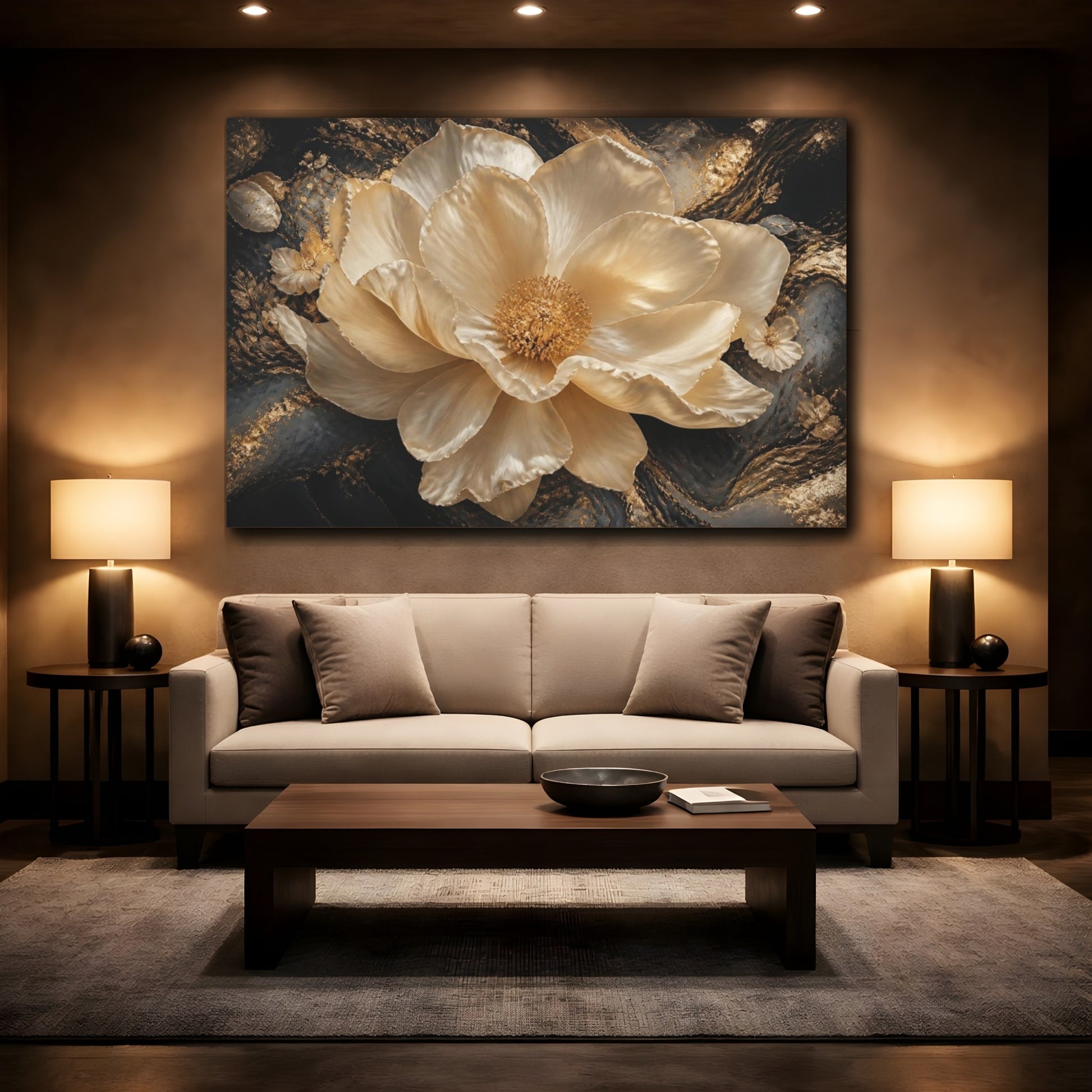 Mockup 2. Golden Cream Flower shown as canvas print