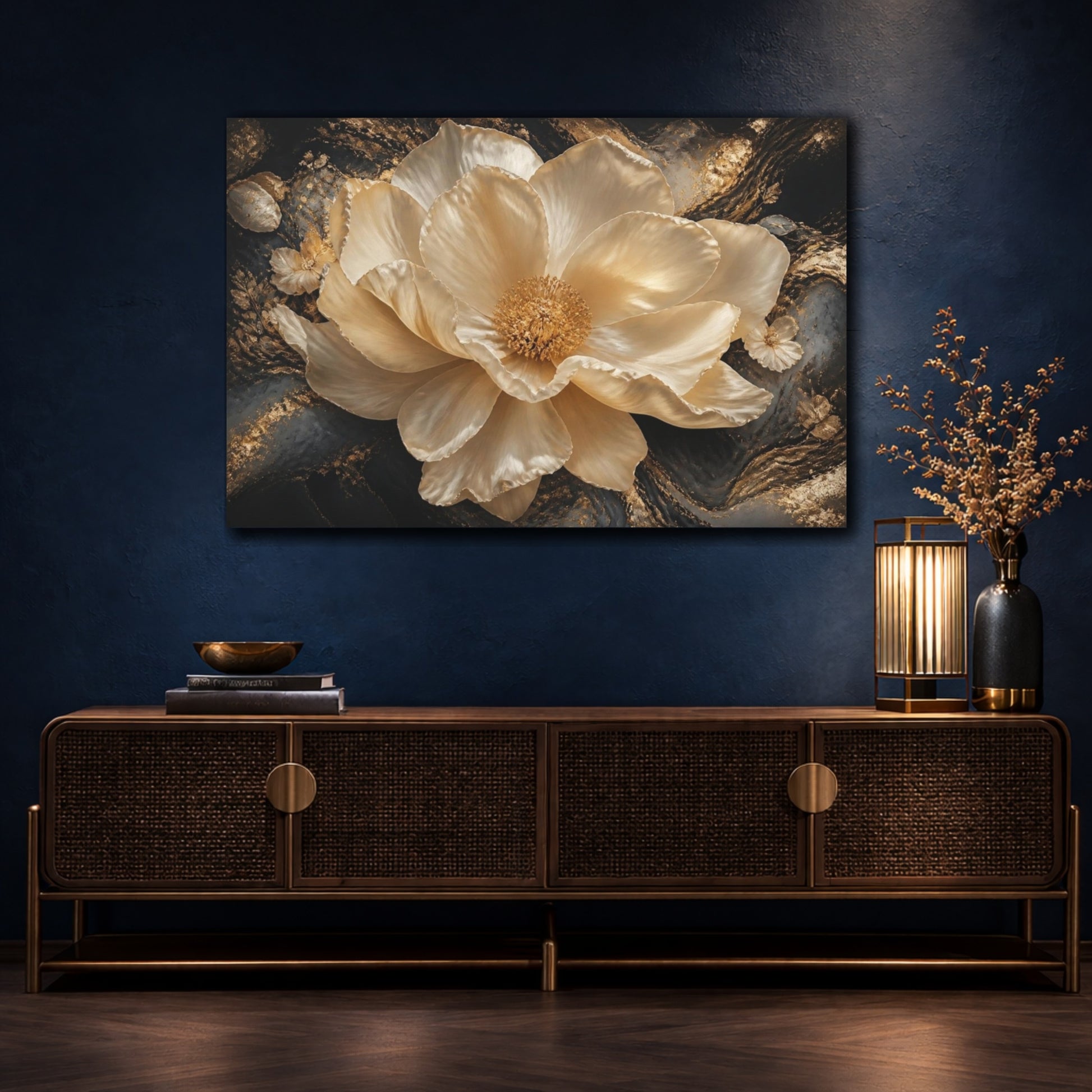 Mockup 4. Golden Cream Flower shown as canvas print
