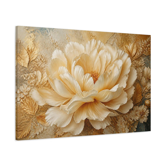 Main Mockup. Golden Cream Peony Sculpture shown as canvas print