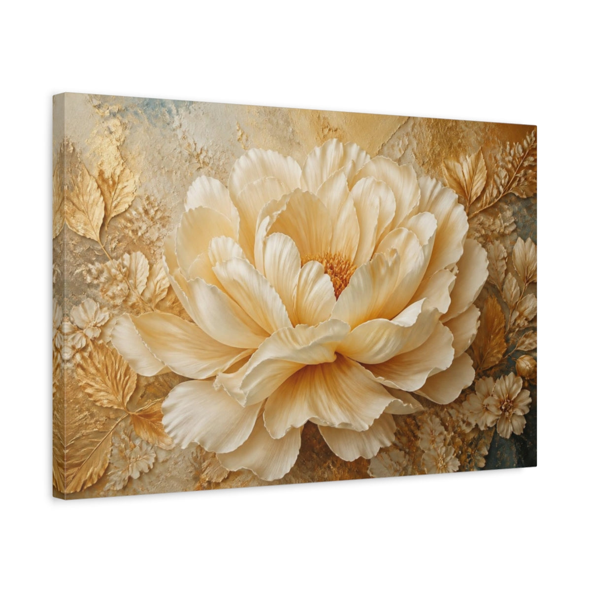 Side Mockup 3. Golden Cream Peony Sculpture shown as canvas print
