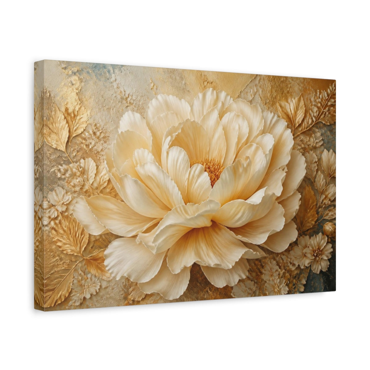 Side Mockup 4. Golden Cream Peony Sculpture shown as canvas print