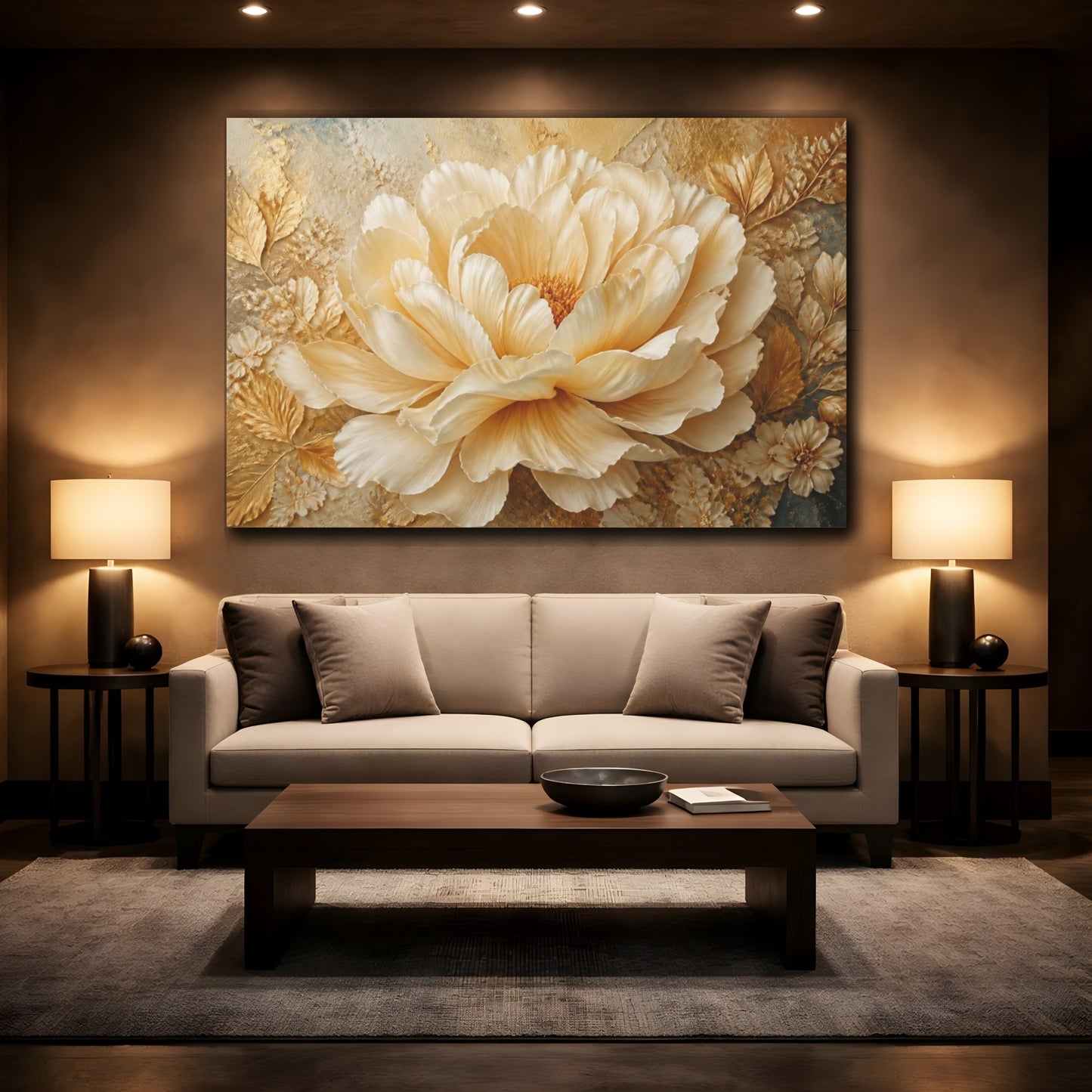 Mockup 2. Golden Cream Peony Sculpture shown as canvas print