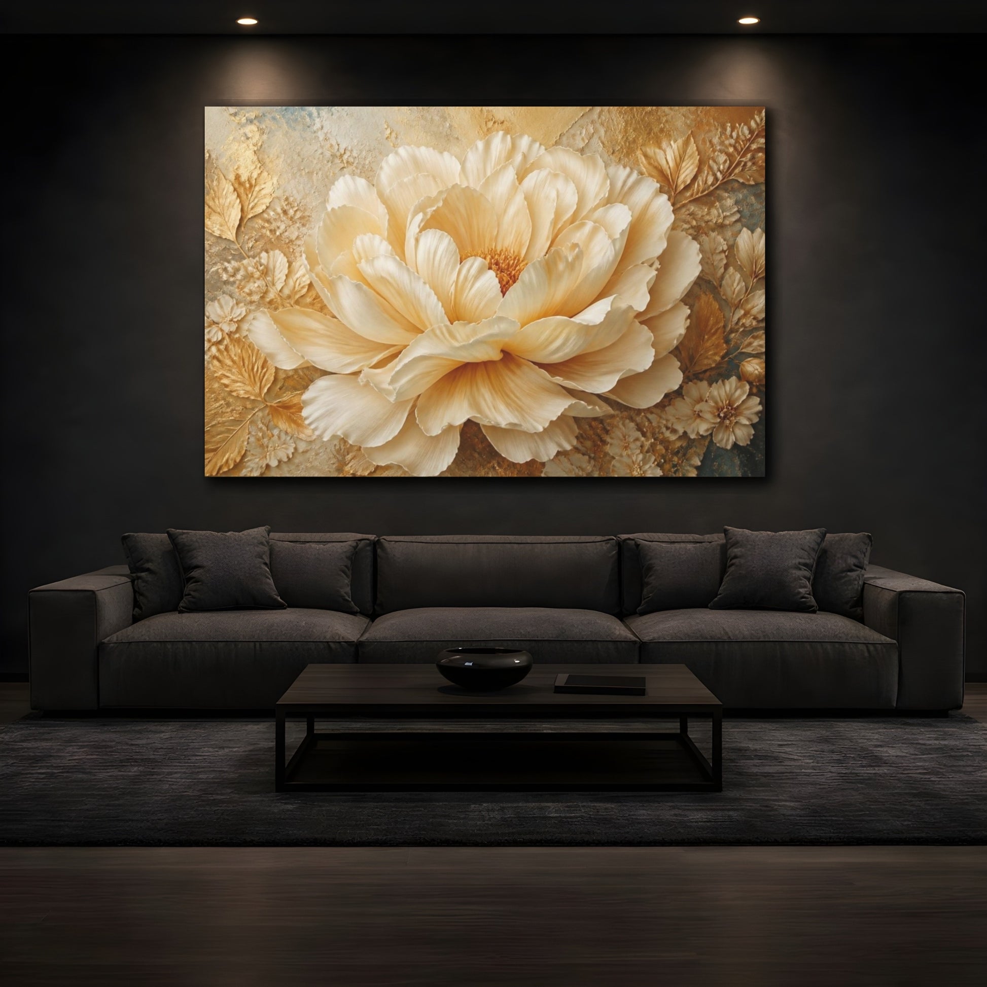 Mockup 3. Golden Cream Peony Sculpture shown as canvas print