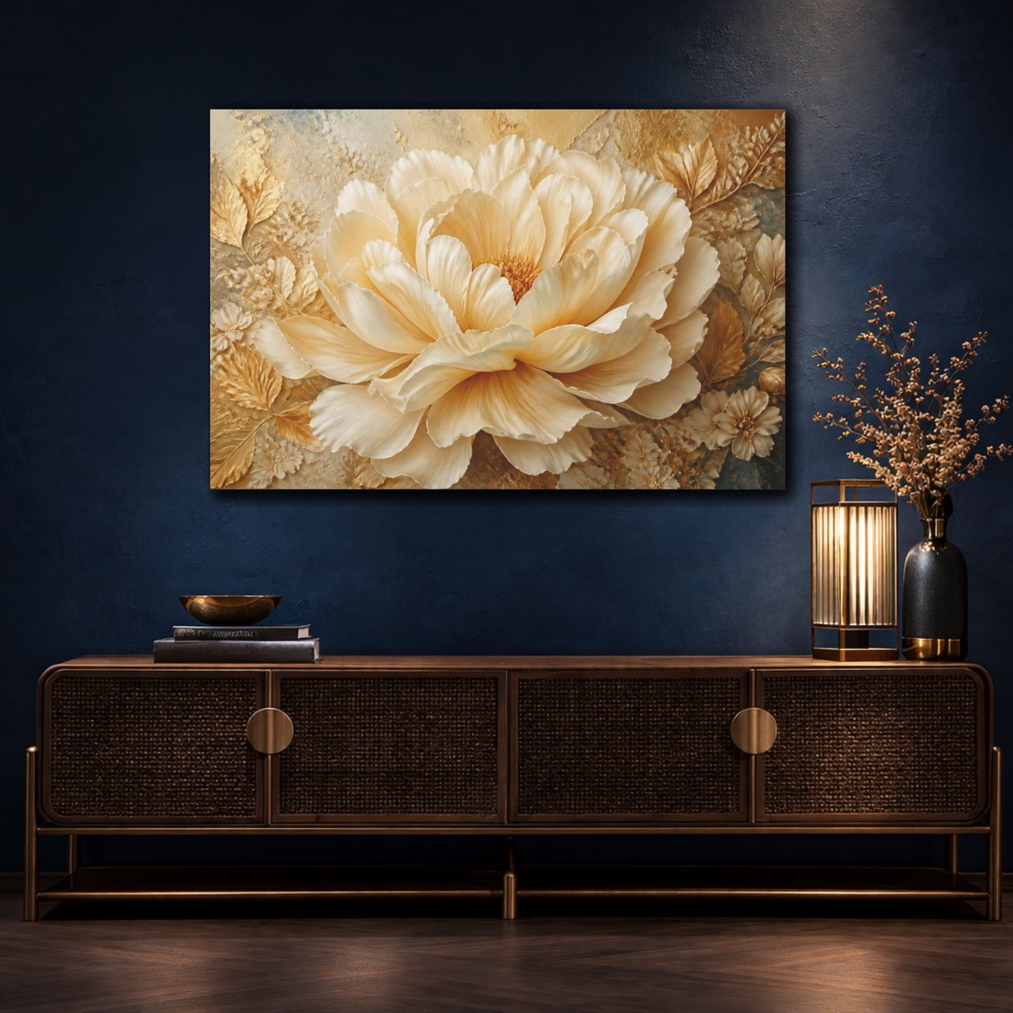 Mockup 4. Golden Cream Peony Sculpture shown as canvas print