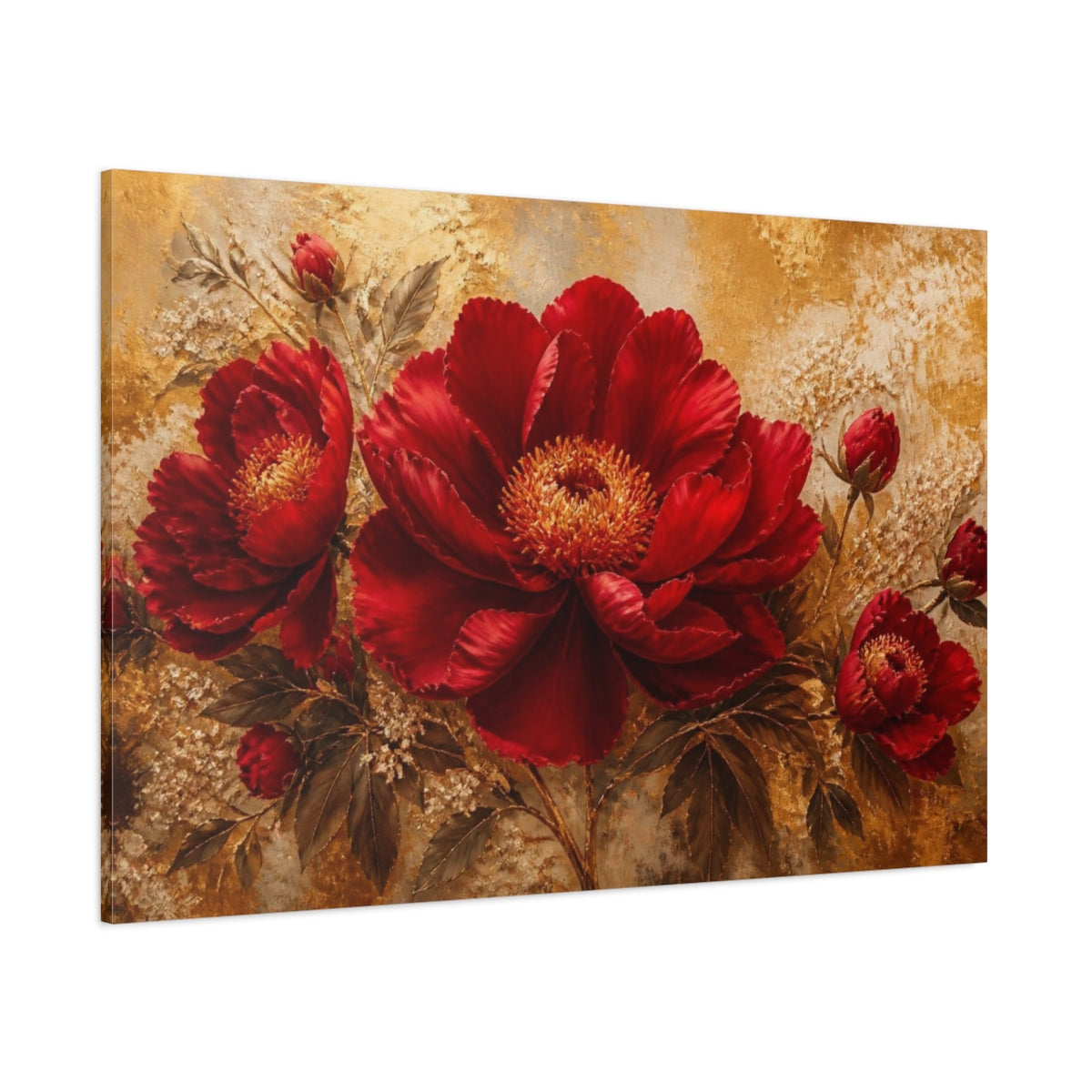 Side Mockup 1. Golden Crimson Bloom shown as canvas print