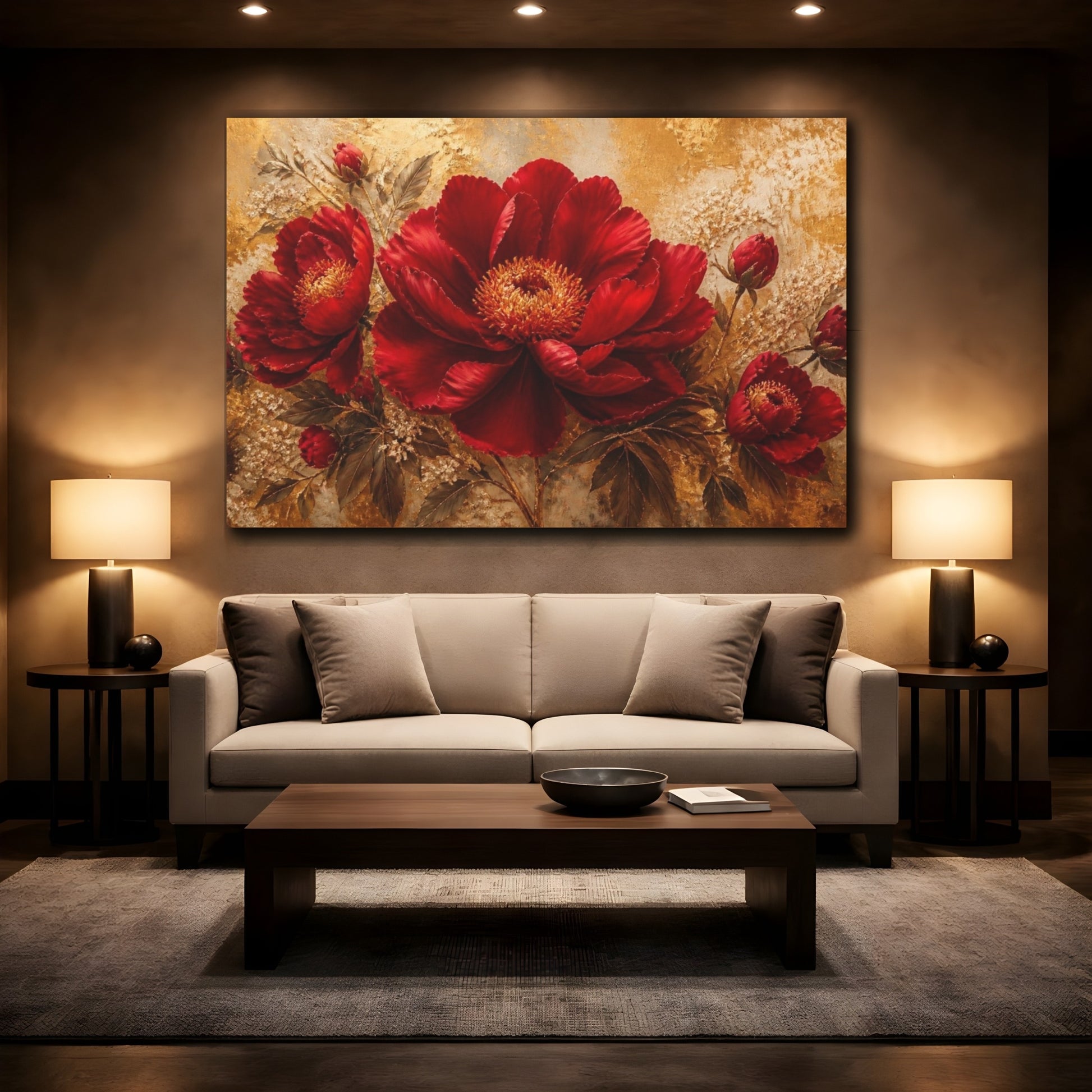 Mockup 2. Golden Crimson Bloom shown as canvas print