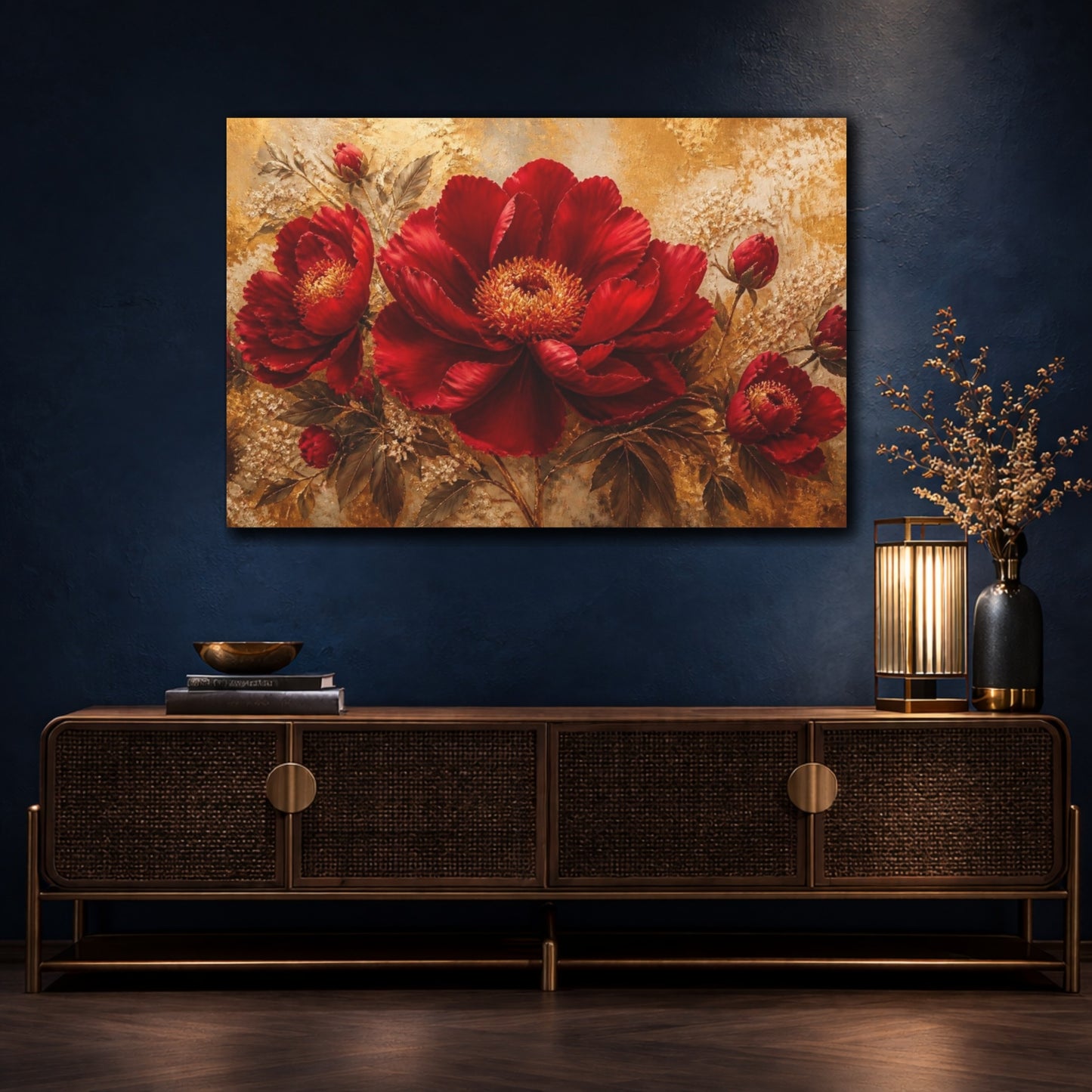 Mockup 4. Golden Crimson Bloom shown as canvas print