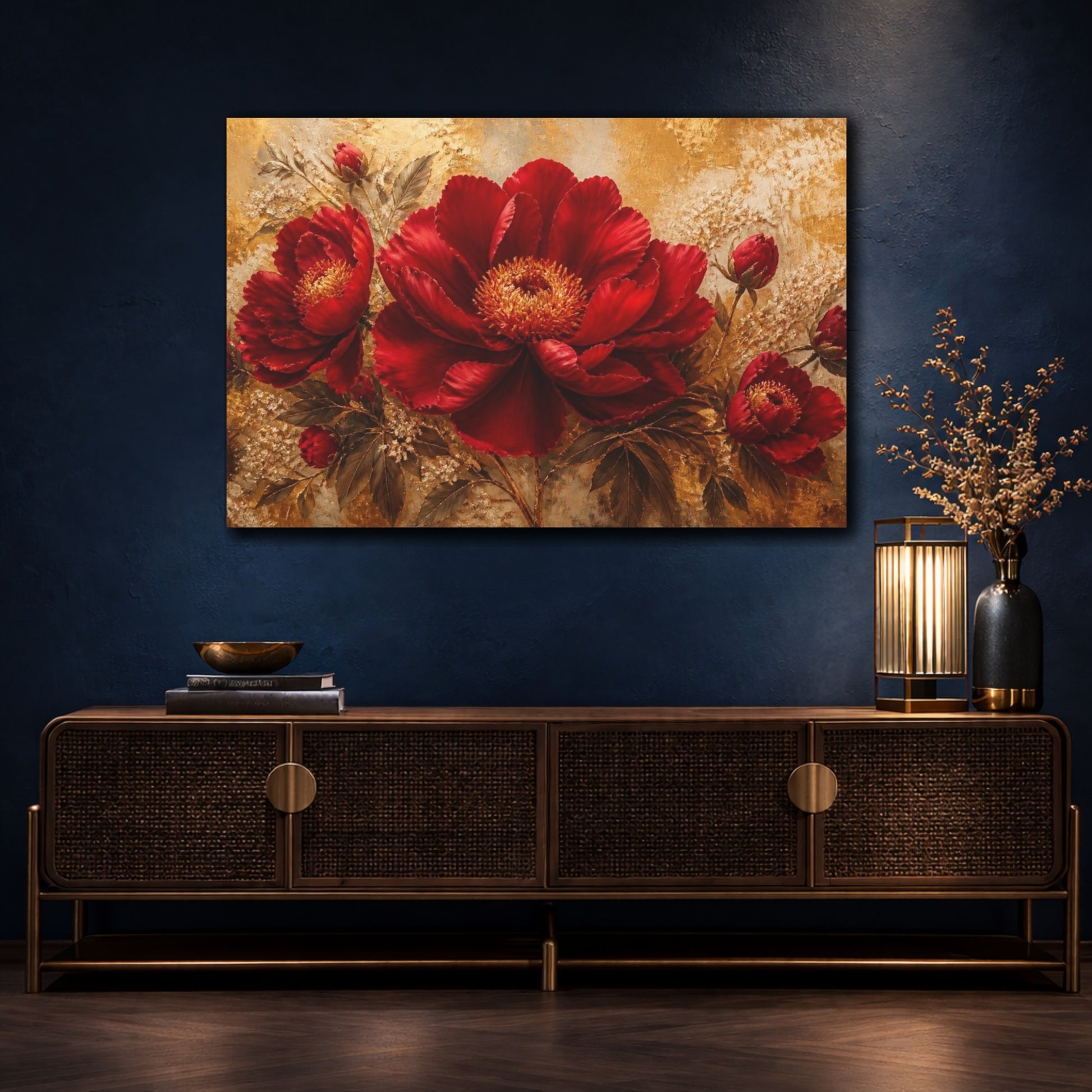 Mockup 4. Golden Crimson Bloom shown as canvas print