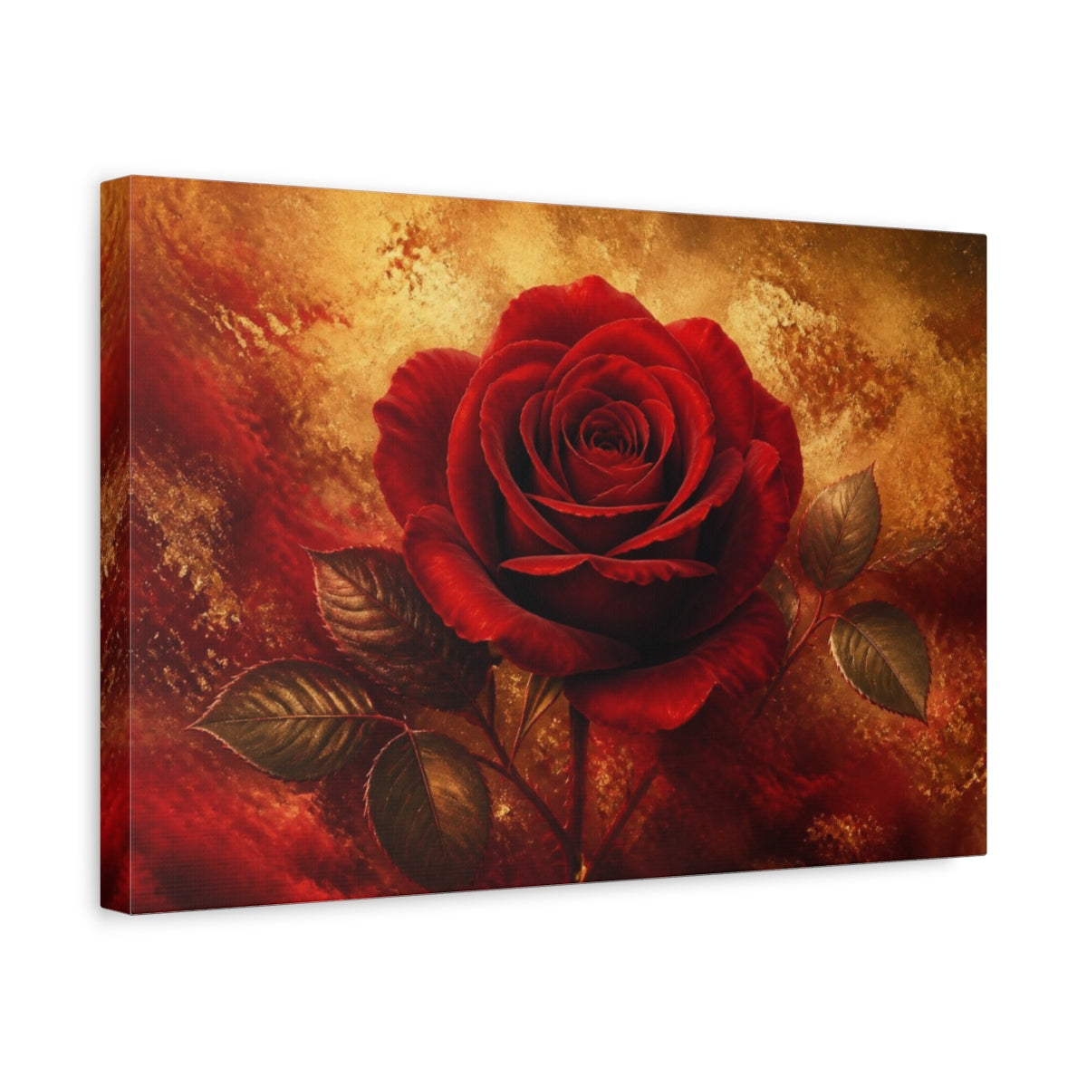 Side Mockup 4. Golden Crimson Rose shown as canvas print