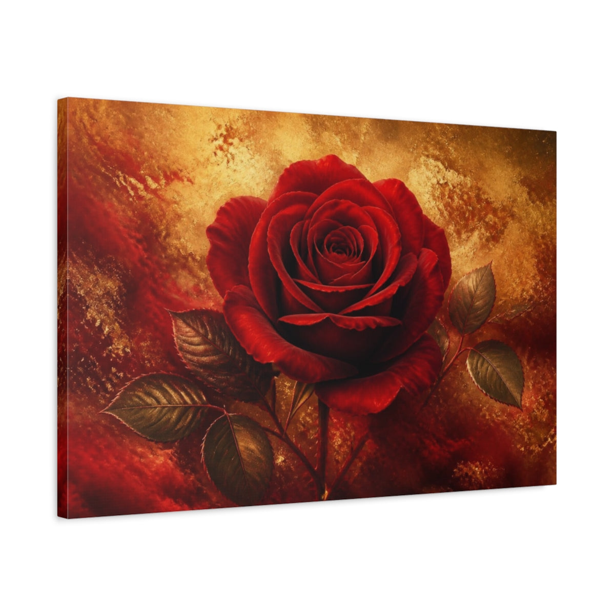 Side Mockup 2. Golden Crimson Rose shown as canvas print
