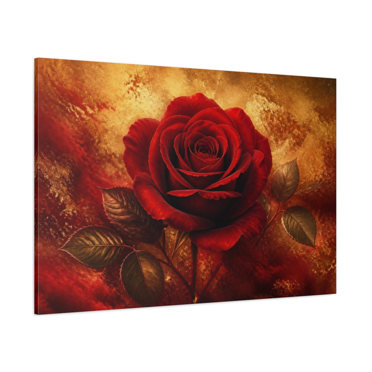 Side Mockup 1. Golden Crimson Rose shown as canvas print