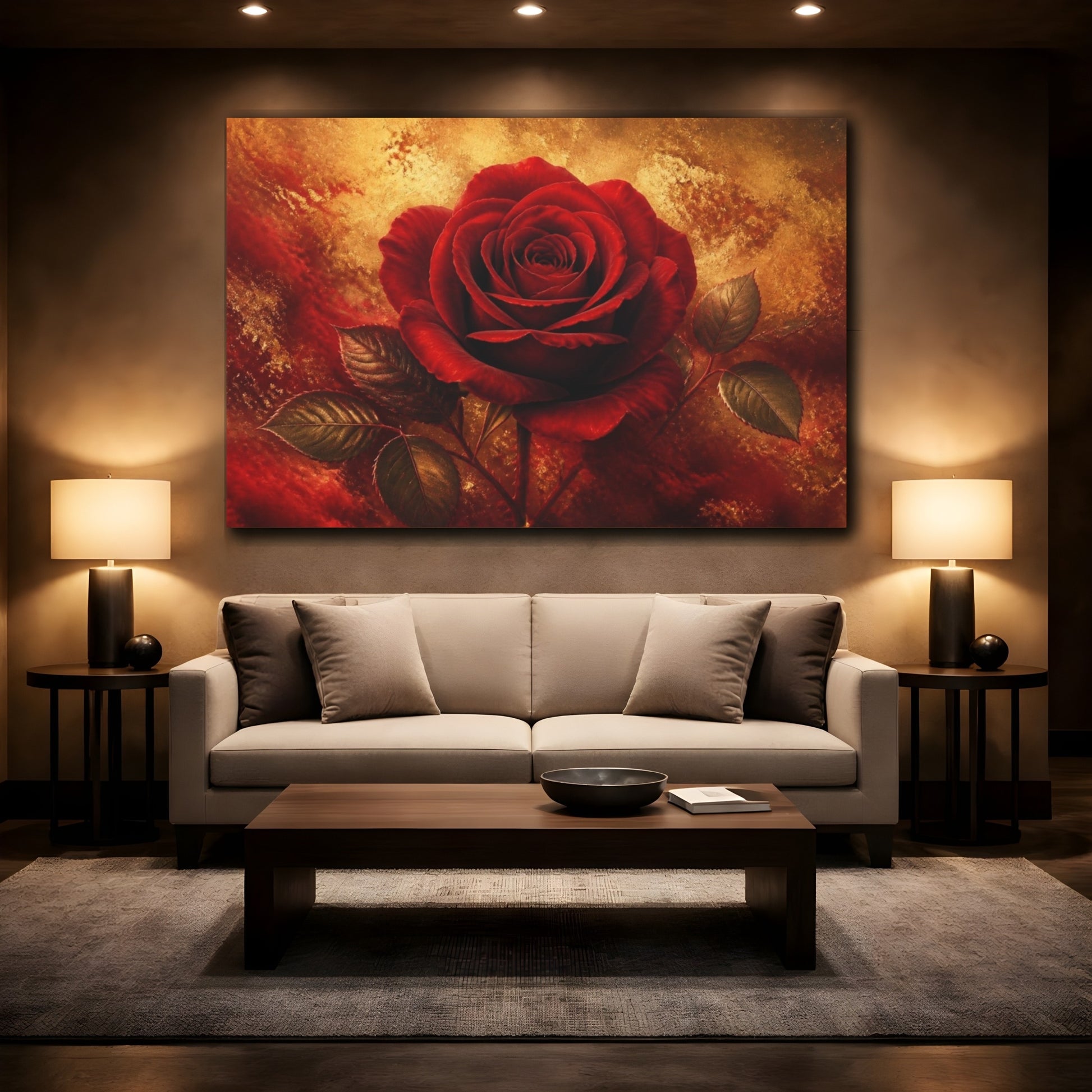 Mockup 2. Golden Crimson Rose shown as canvas print