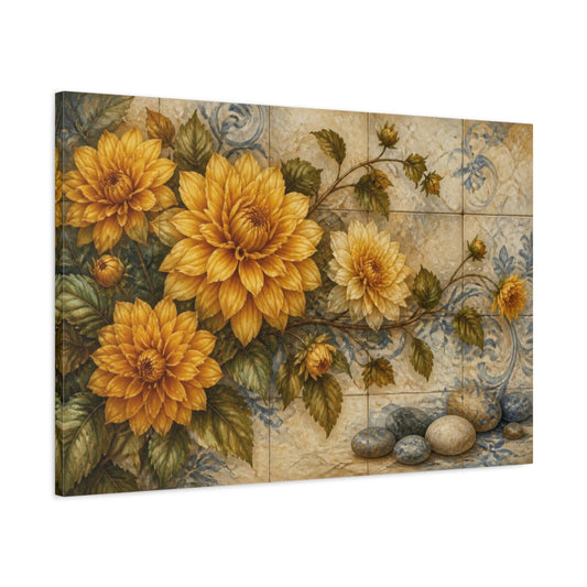 Main Mockup. Golden Dahlias On Tile shown as canvas print