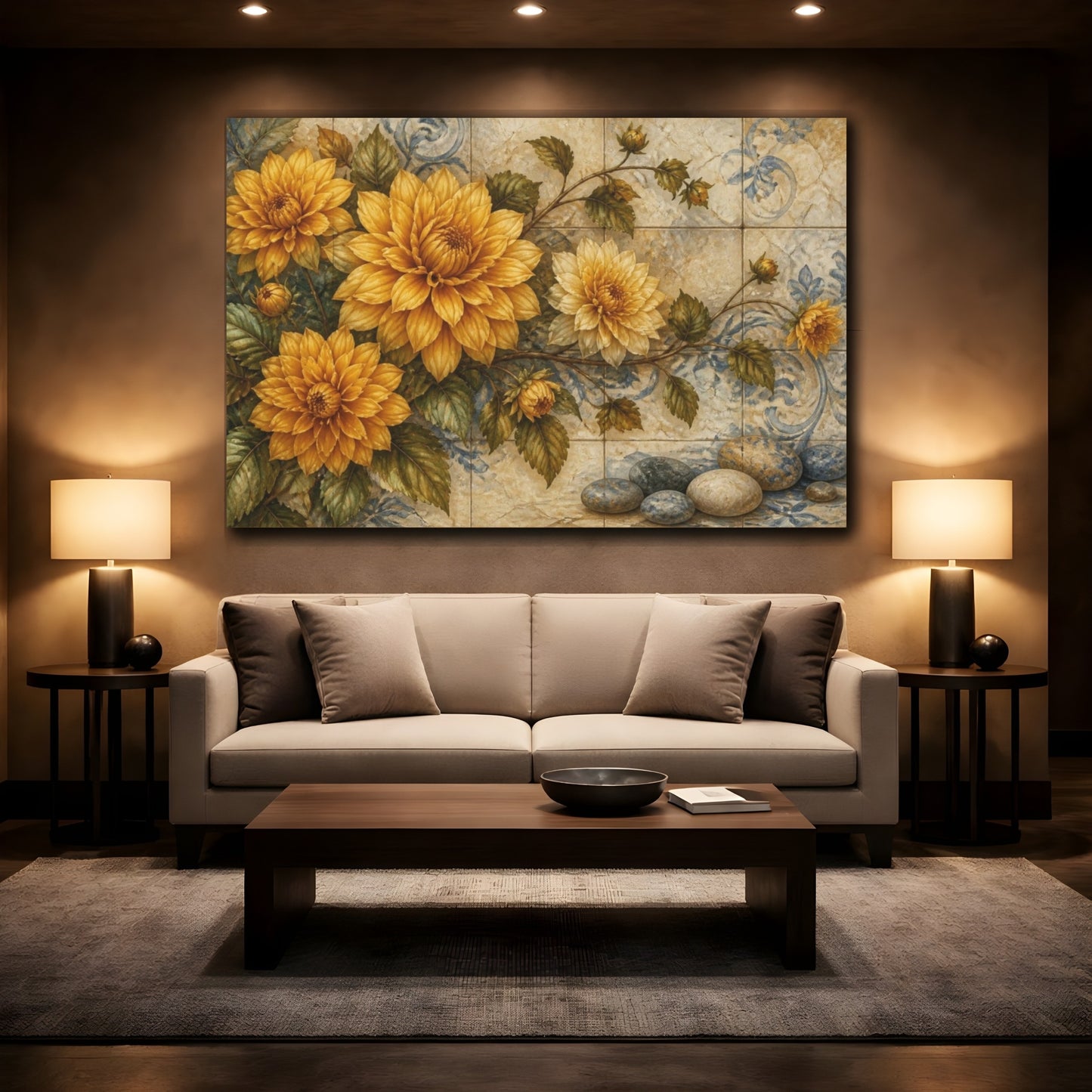 Mockup 2. Golden Dahlias On Tile shown as canvas print