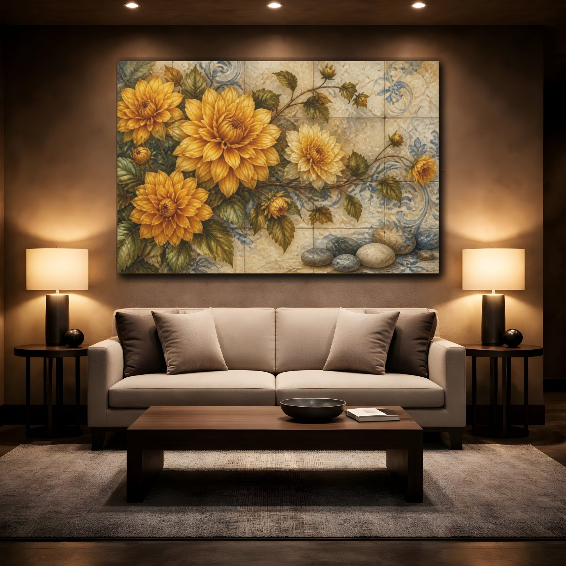 Mockup 2. Golden Dahlias On Tile shown as canvas print