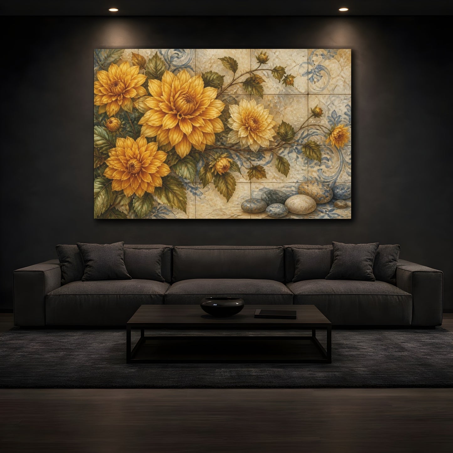 Mockup 3. Golden Dahlias On Tile shown as canvas print