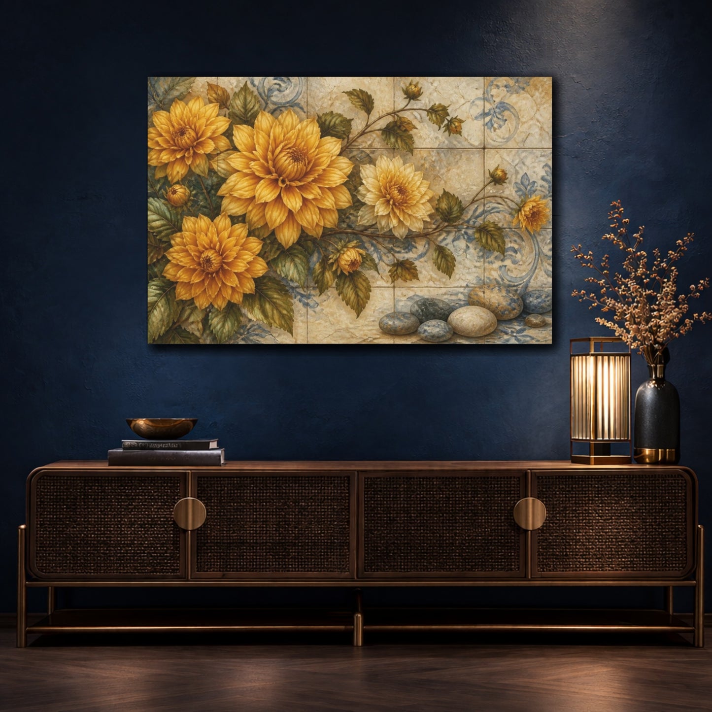 Mockup 4. Golden Dahlias On Tile shown as canvas print