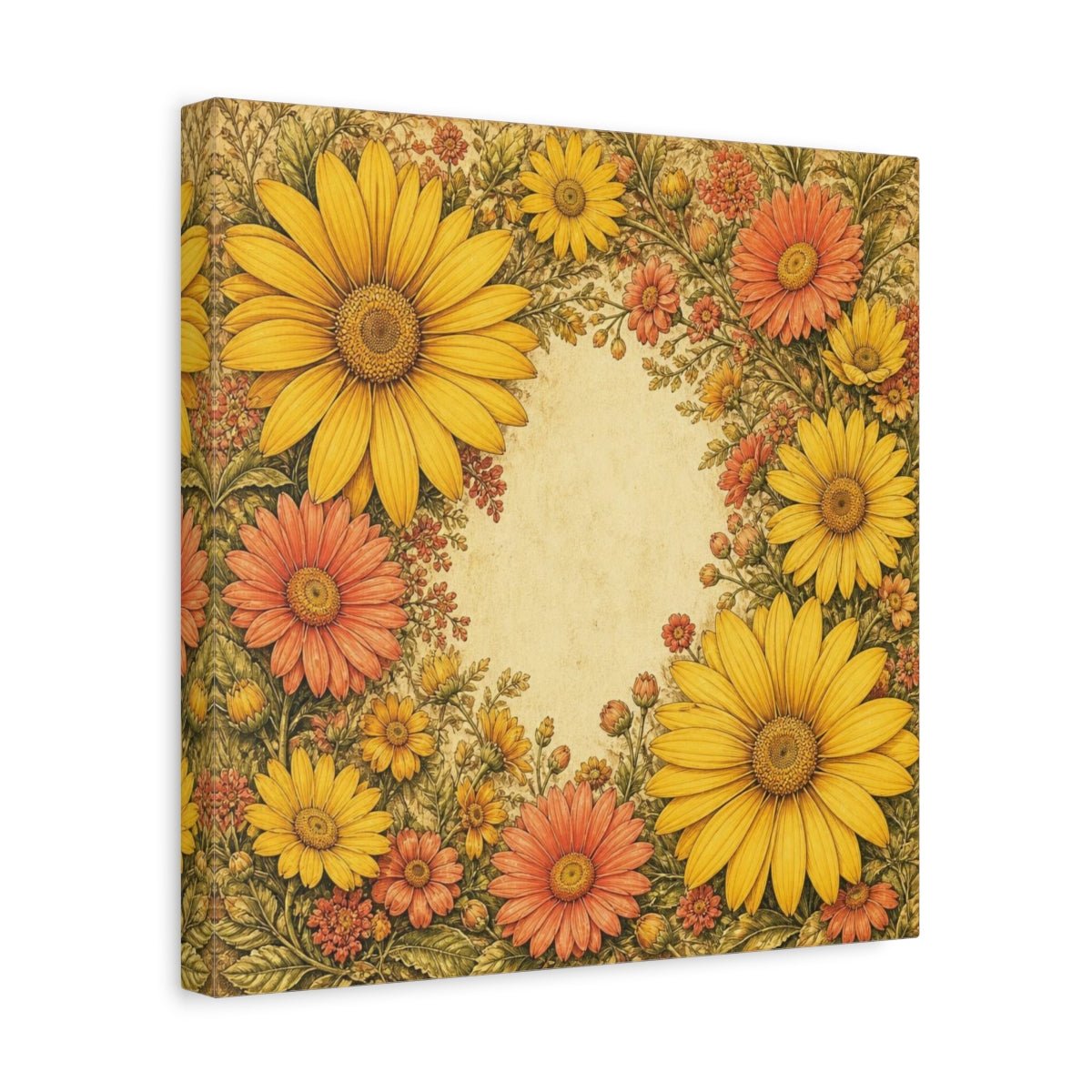 Golden Daisy Flowers Frame Canvas Print – Living Room, Above Sofa, Warm Yellow & Coral - YesArtYes