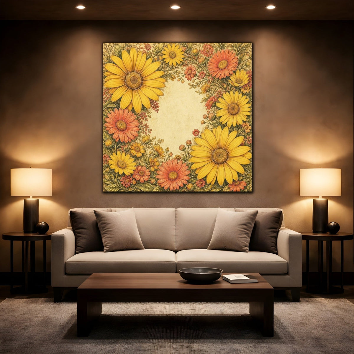 Golden Daisy Flowers Frame Canvas Print – Living Room, Above Sofa, Warm Yellow & Coral - YesArtYes