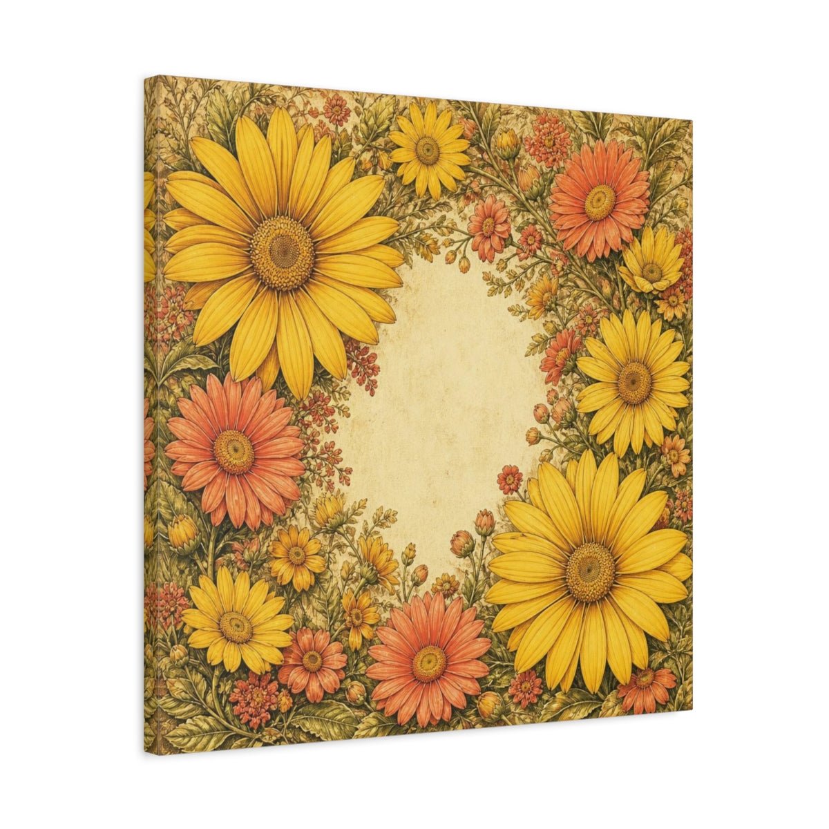 Golden Daisy Flowers Frame Canvas Print – Living Room, Above Sofa, Warm Yellow & Coral - YesArtYes