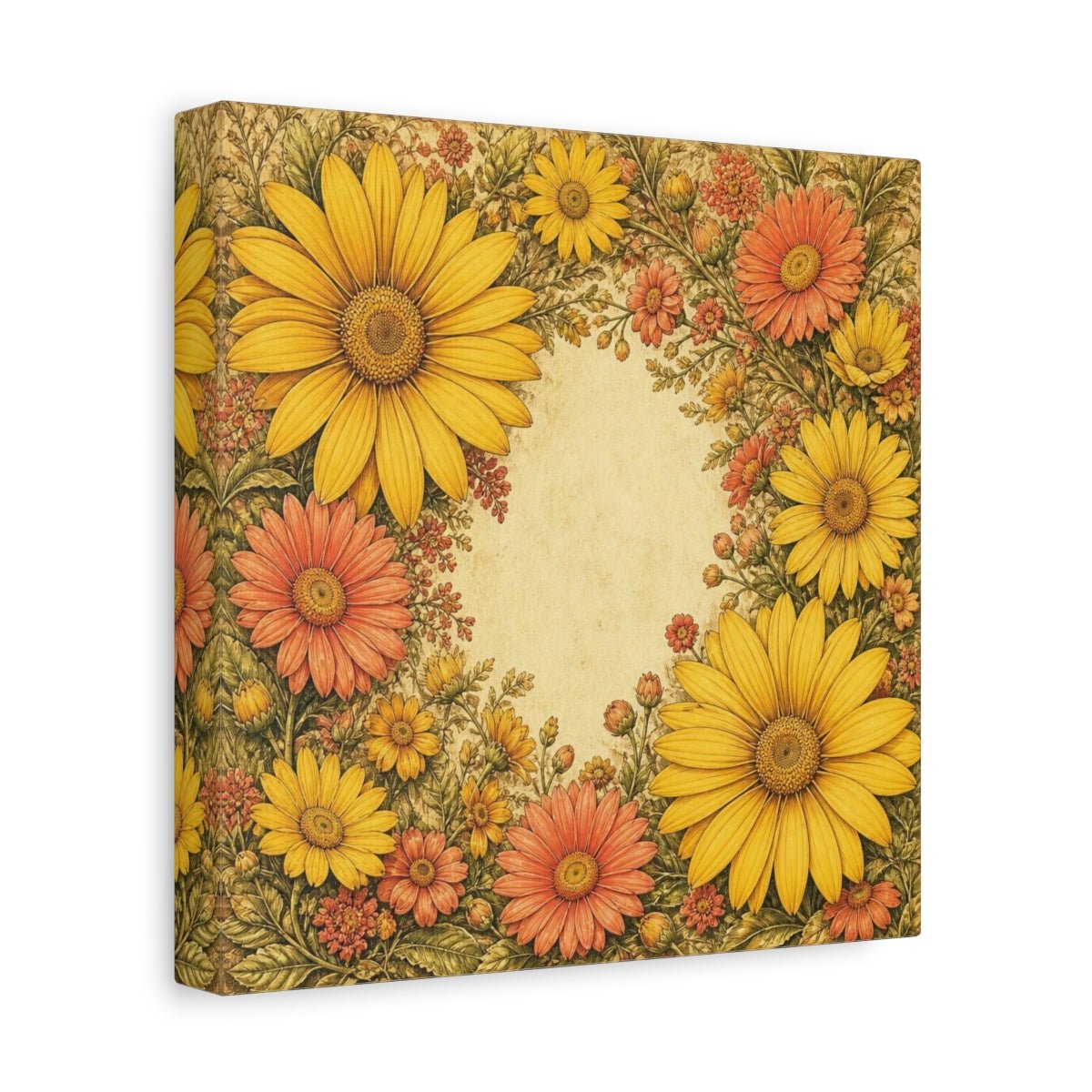 Golden Daisy Flowers Frame Canvas Print – Living Room, Above Sofa, Warm Yellow & Coral - YesArtYes
