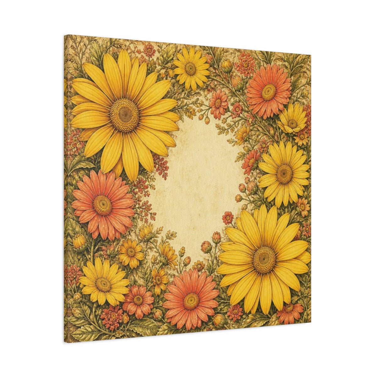 Golden Daisy Flowers Frame Canvas Print – Living Room, Above Sofa, Warm Yellow & Coral - YesArtYes