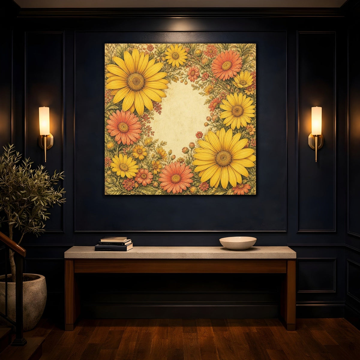 Golden Daisy Flowers Frame Canvas Print – Living Room, Above Sofa, Warm Yellow & Coral - YesArtYes