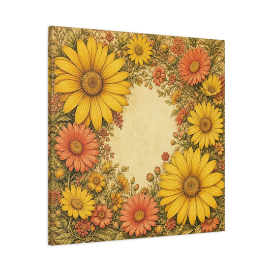 Golden Daisy Flowers Frame Canvas Print – Living Room, Above Sofa, Warm Yellow & Coral - YesArtYes