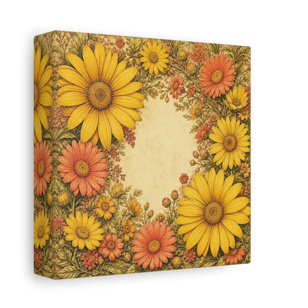 Golden Daisy Flowers Frame Canvas Print – Living Room, Above Sofa, Warm Yellow & Coral - YesArtYes