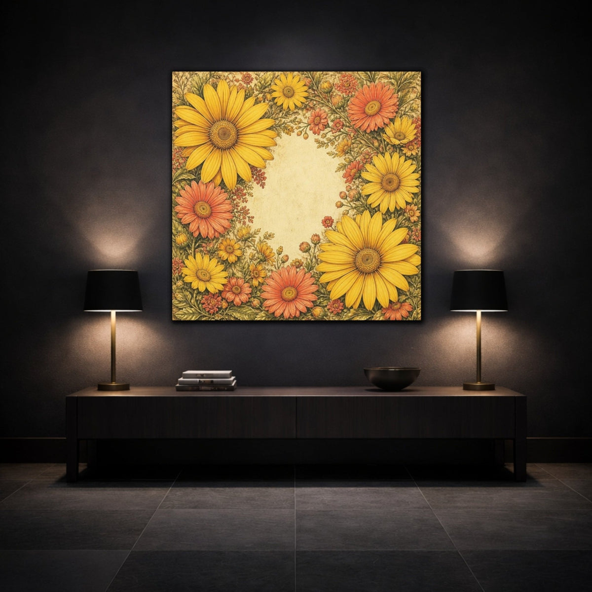 Golden Daisy Flowers Frame Canvas Print – Living Room, Above Sofa, Warm Yellow & Coral - YesArtYes