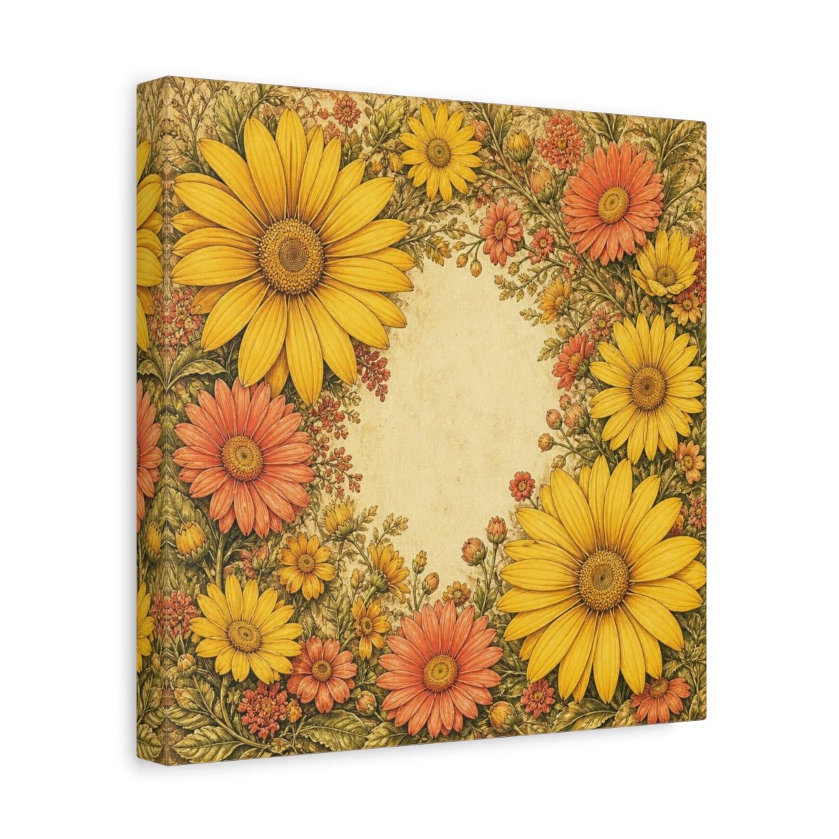 Golden Daisy Flowers Frame Canvas Print – Living Room, Above Sofa, Warm Yellow & Coral - YesArtYes