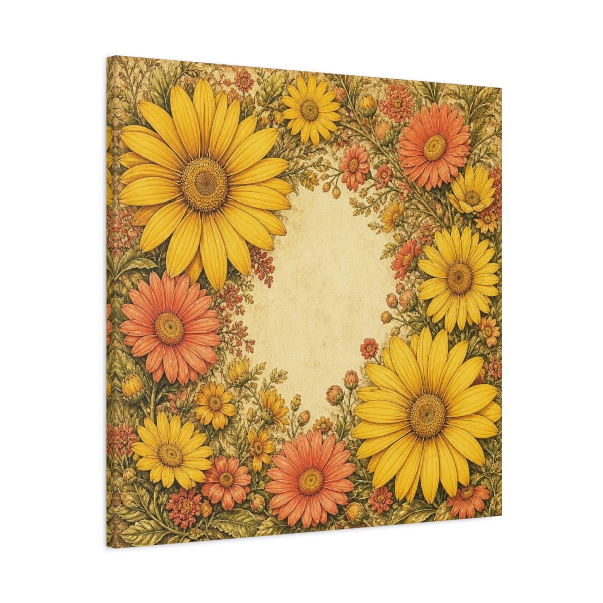 Golden Daisy Flowers Frame Canvas Print – Living Room, Above Sofa, Warm Yellow & Coral - YesArtYes