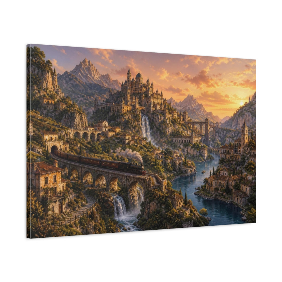 Main Mockup. Golden Dusk Mountain Citadel shown as canvas print