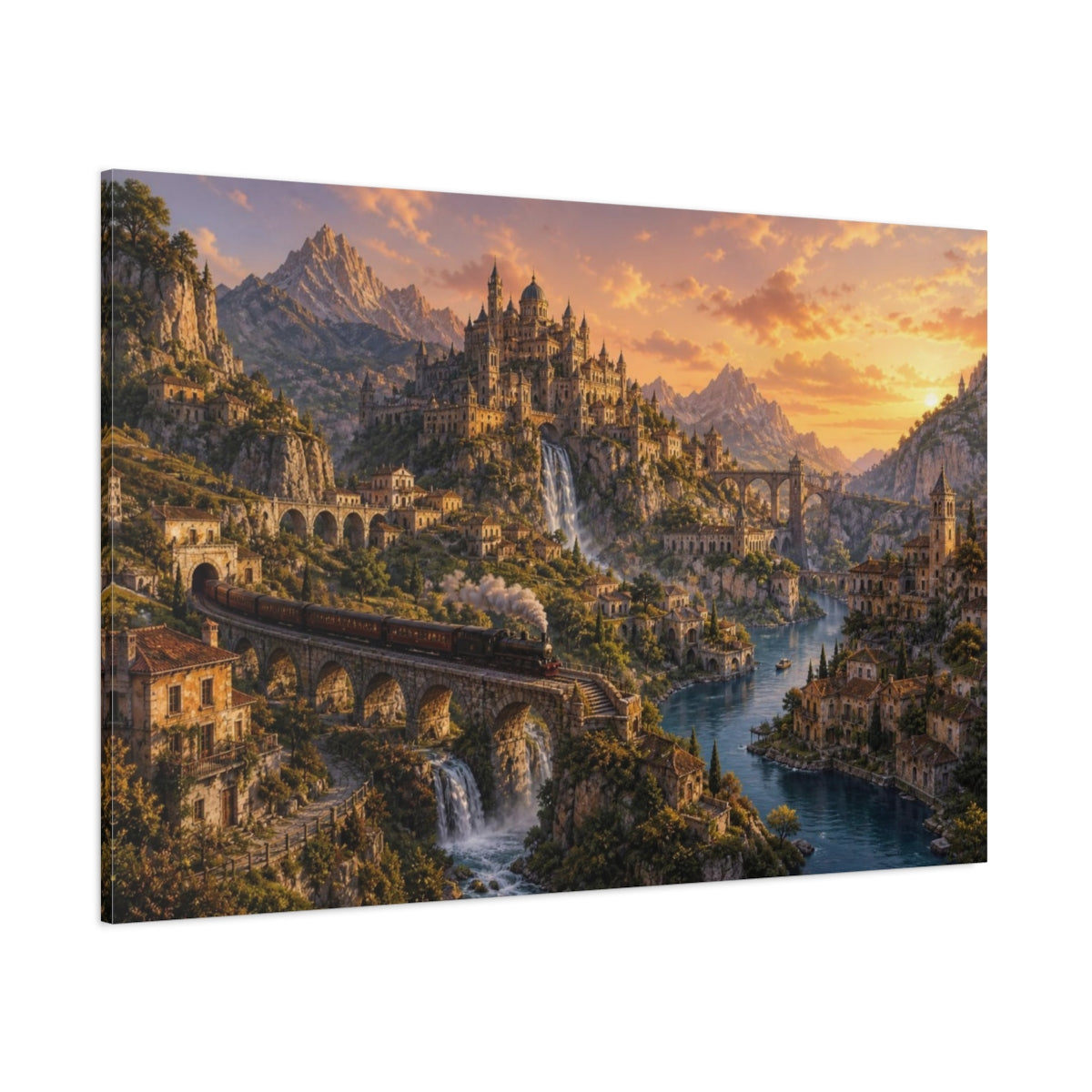 Side Mockup 1. Golden Dusk Mountain Citadel shown as canvas print