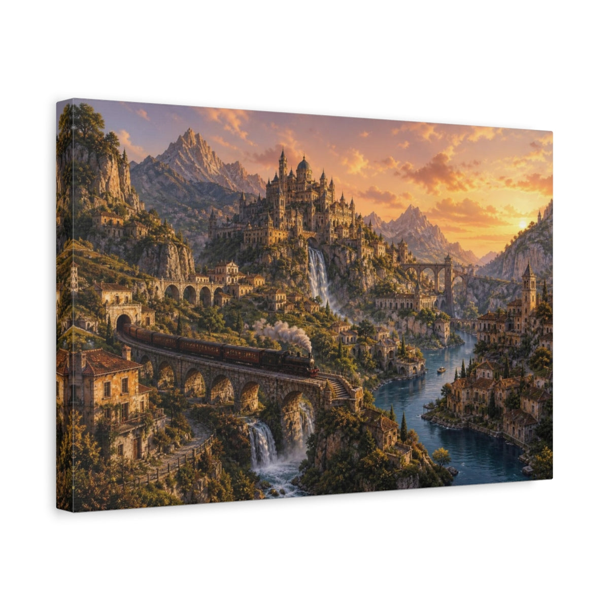 Side Mockup 4. Golden Dusk Mountain Citadel shown as canvas print