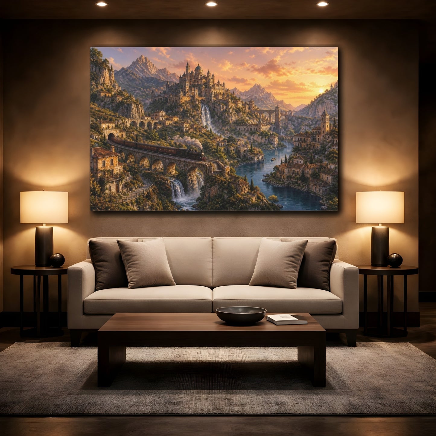 Mockup 2. Golden Dusk Mountain Citadel shown as canvas print