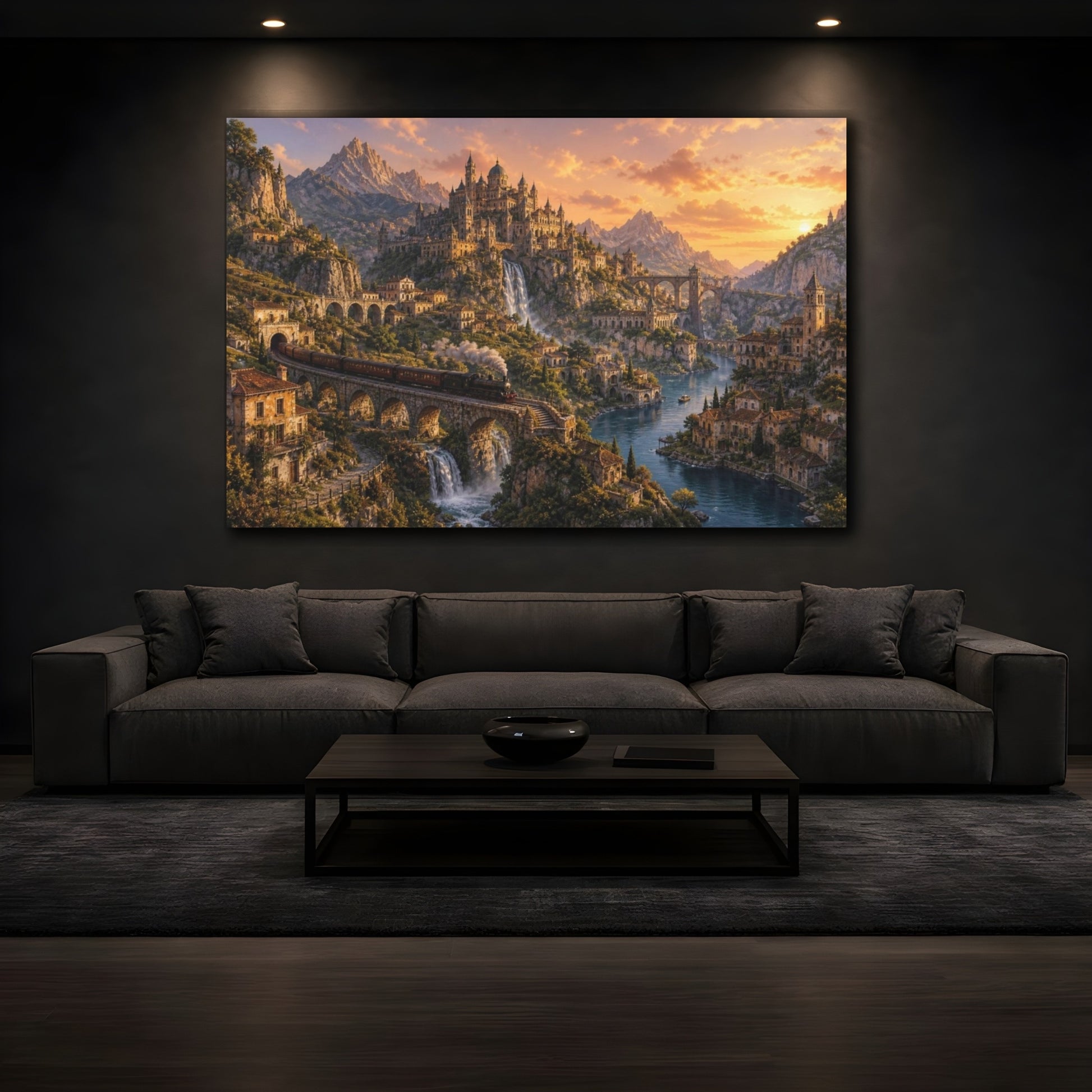 Mockup 3. Golden Dusk Mountain Citadel shown as canvas print