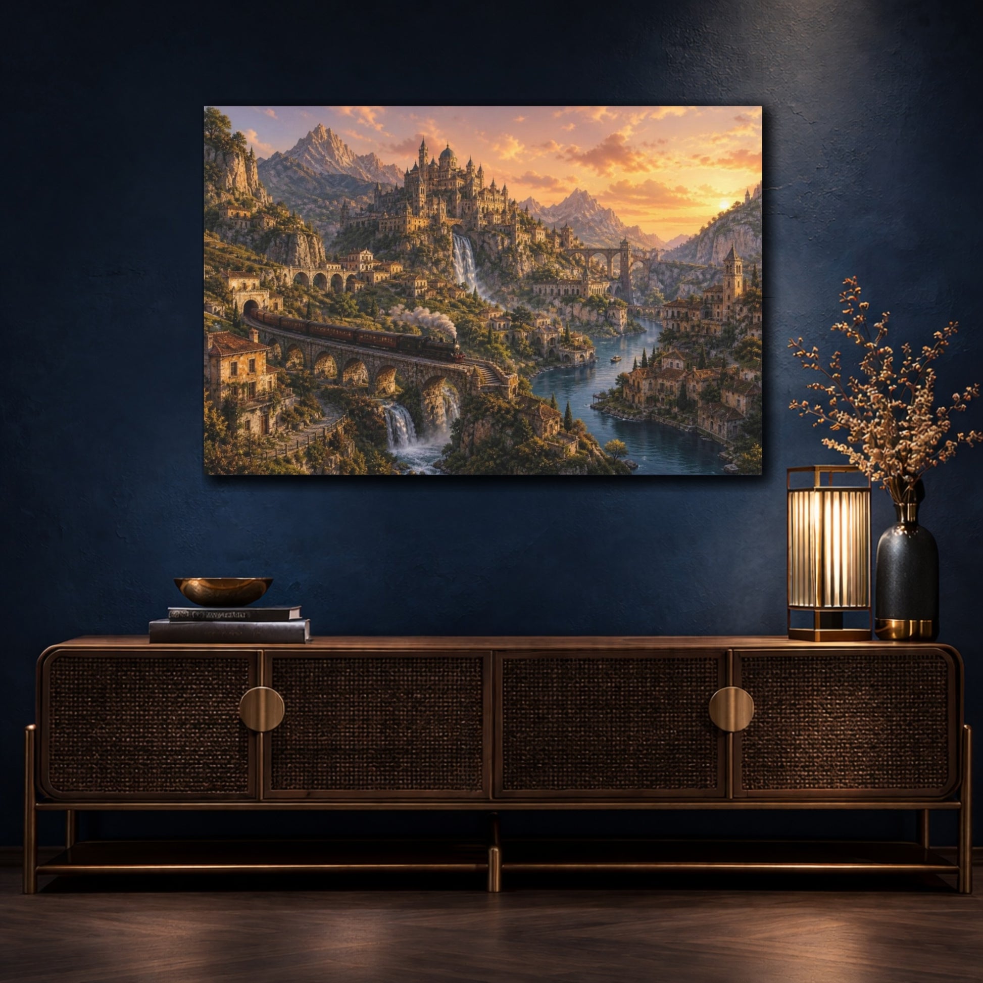 Mockup 4. Golden Dusk Mountain Citadel shown as canvas print
