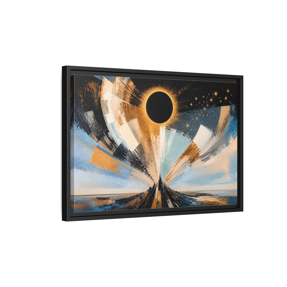 Side Mockup 3. Golden Eclipse Over Spire shown as framed canvas print