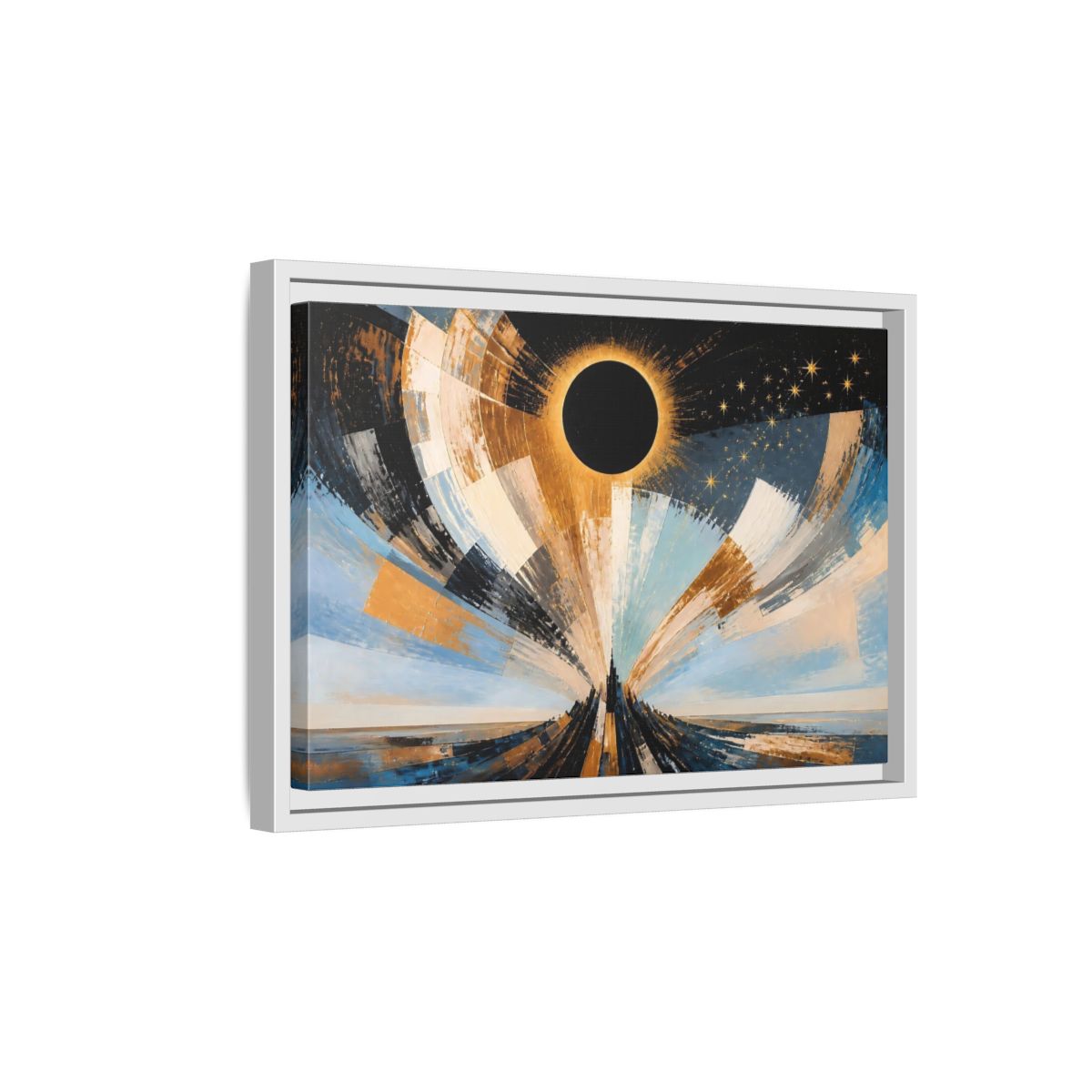 Side Mockup 4. Golden Eclipse Over Spire shown as framed canvas print