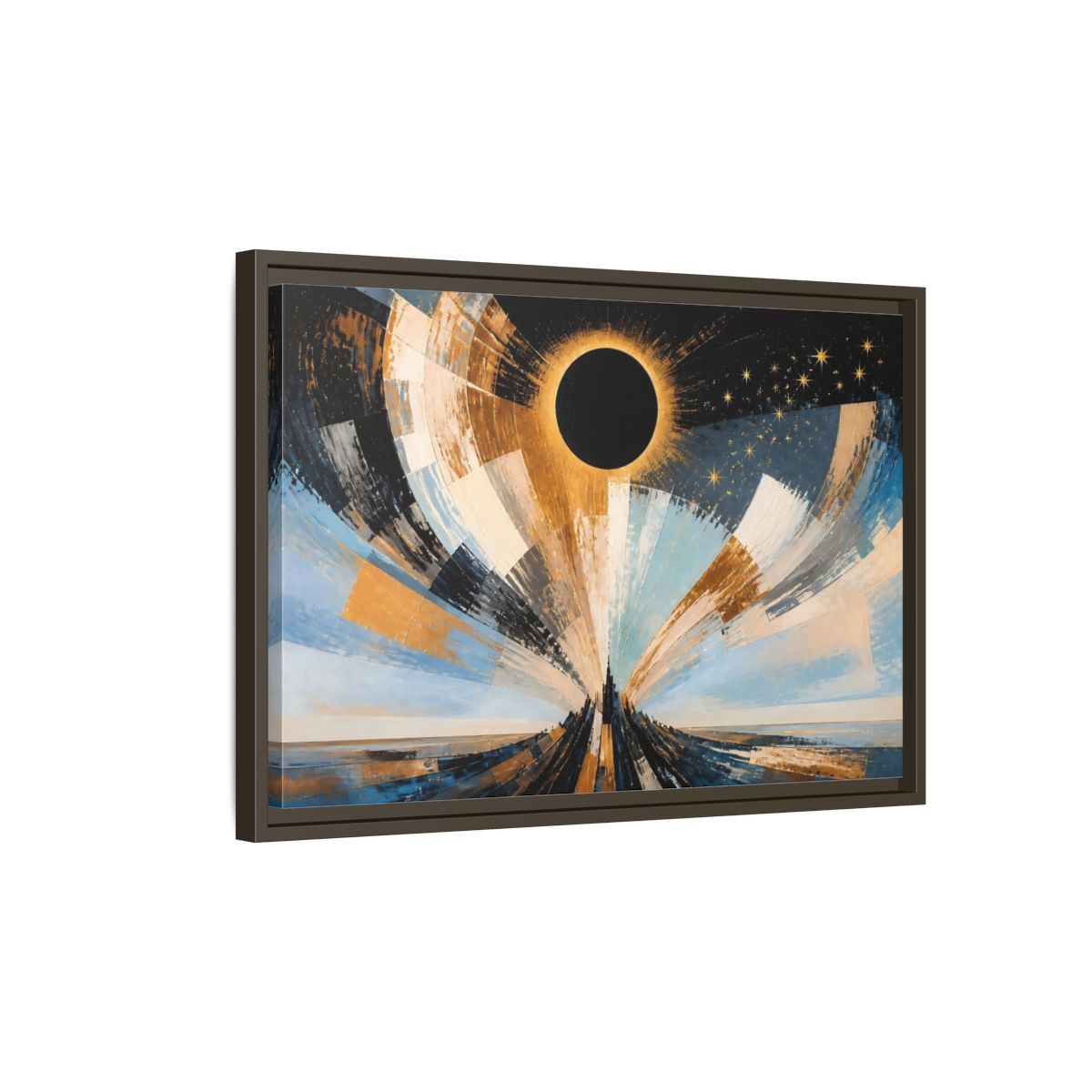 Side Mockup 2. Golden Eclipse Over Spire shown as framed canvas print