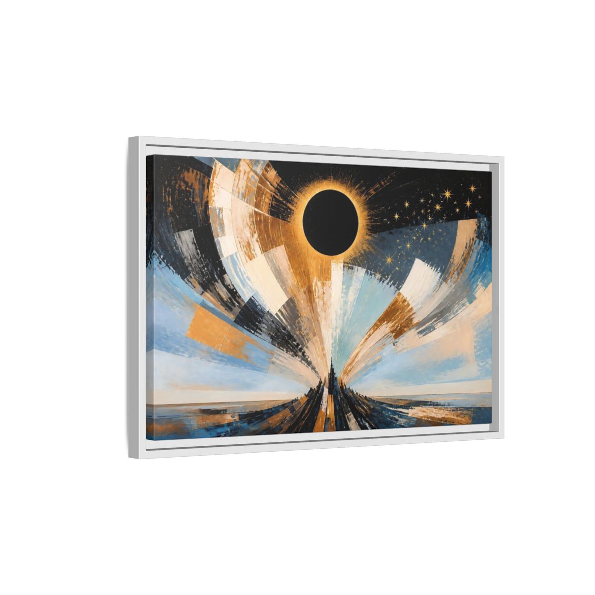 Side Mockup 1. Golden Eclipse Over Spire shown as framed canvas print