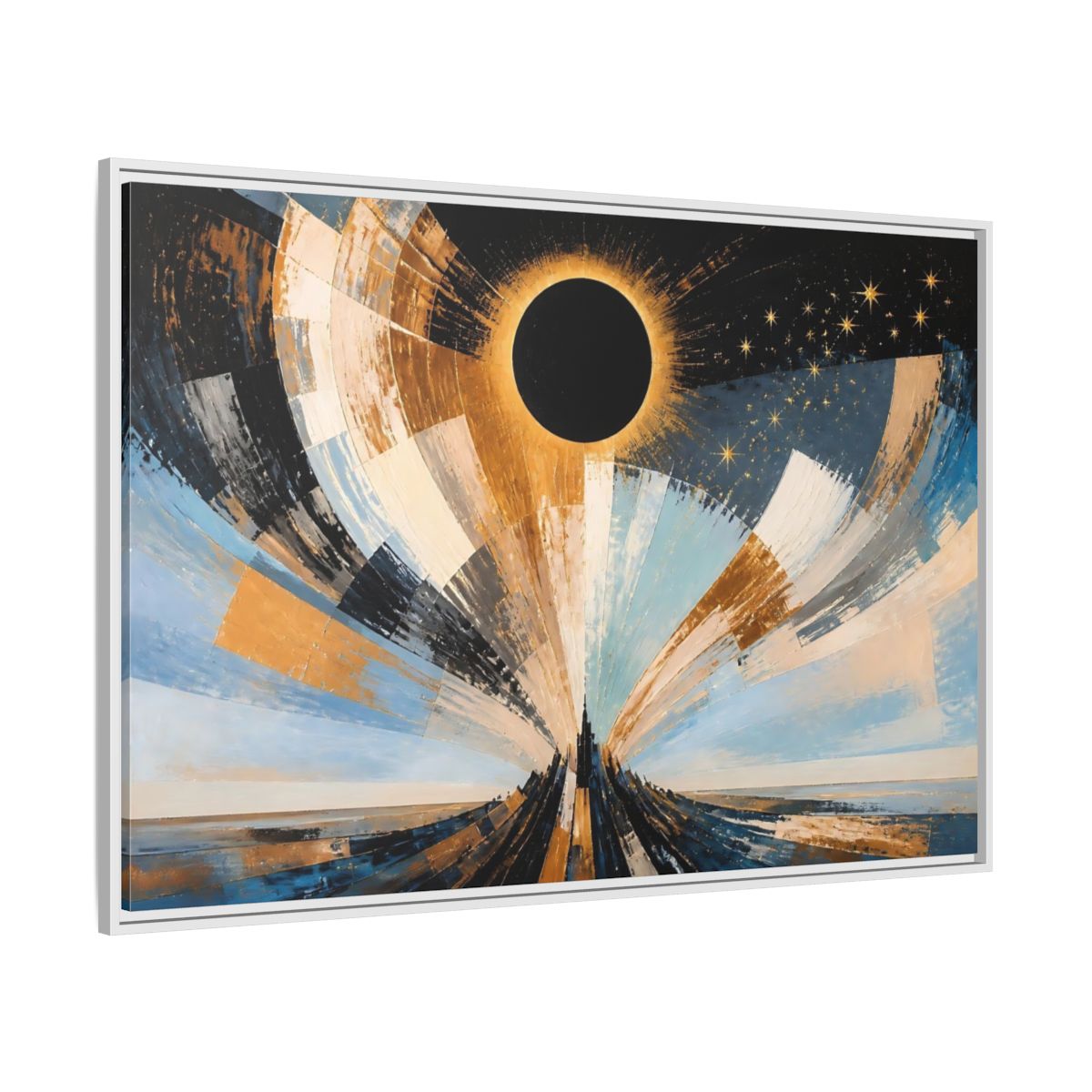 Side Mockup 7. Golden Eclipse Over Spire shown as framed canvas print