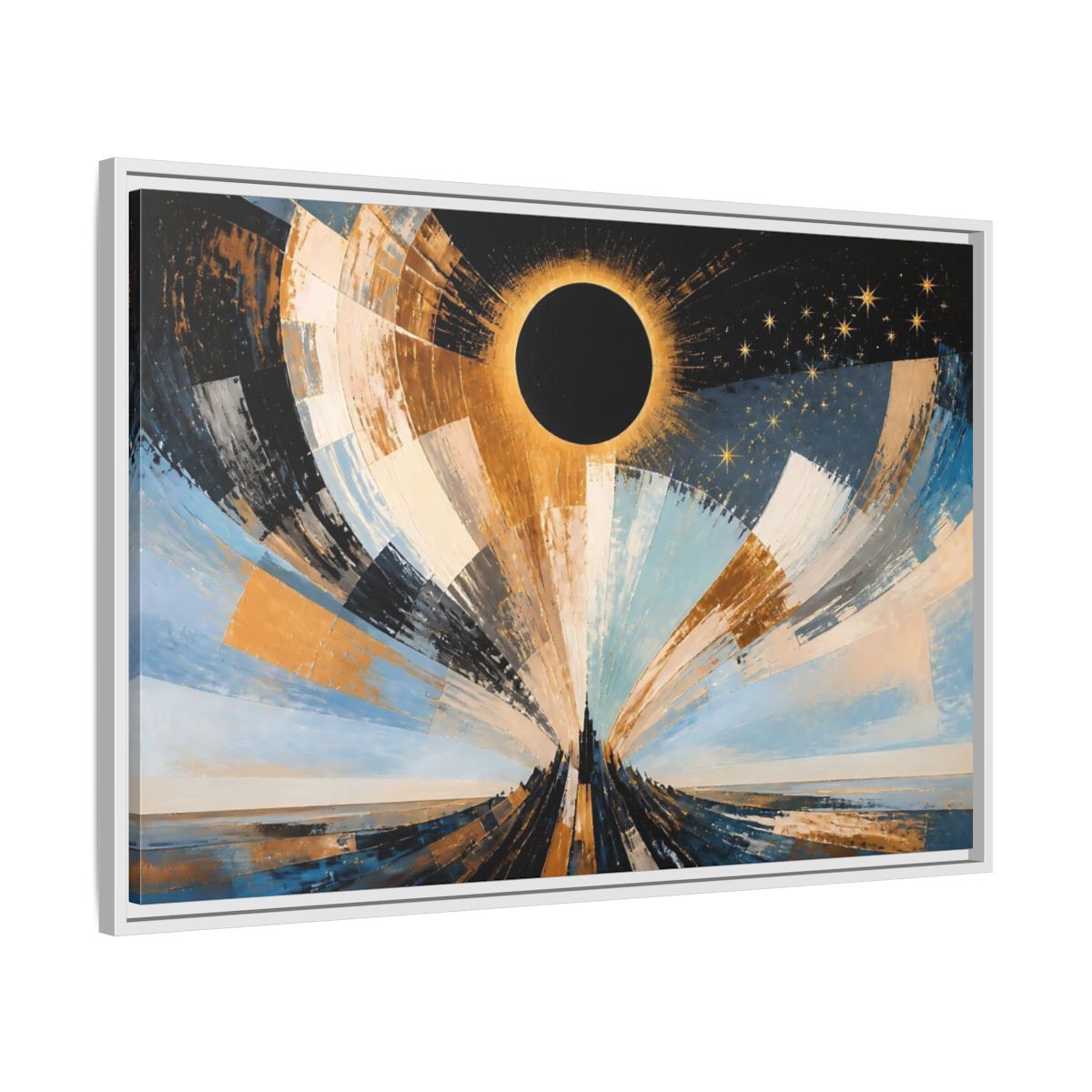 Side Mockup 9. Golden Eclipse Over Spire shown as framed canvas print
