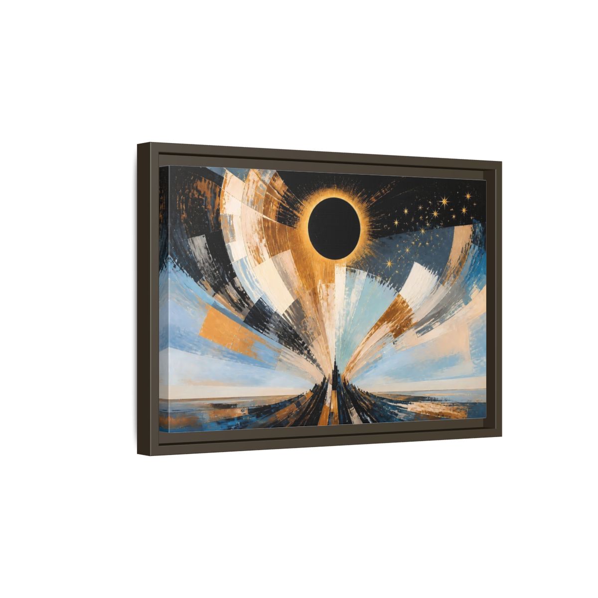 Side Mockup 5. Golden Eclipse Over Spire shown as framed canvas print